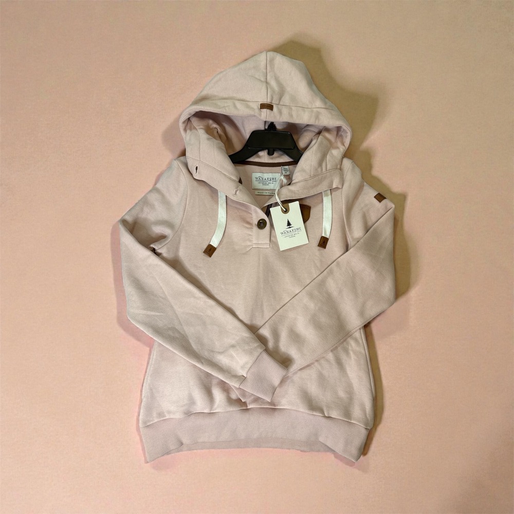 WANAKOME Women's Medium Pink Pullover Hoodie Soft Cotton Blend Button Neck